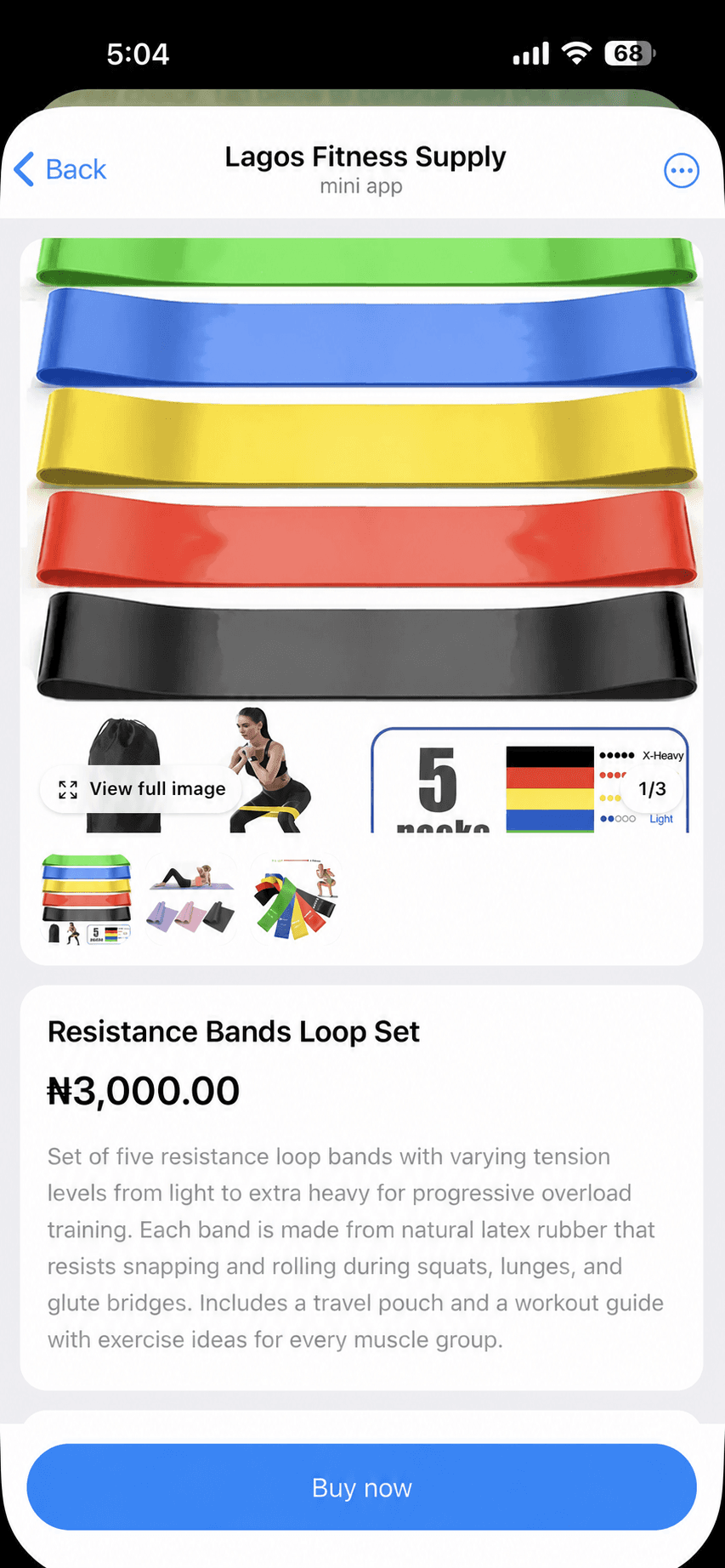 Resistance Bands Loop Set product detail screen for Lagos Fitness Supply inside the eSales Telegram mini app