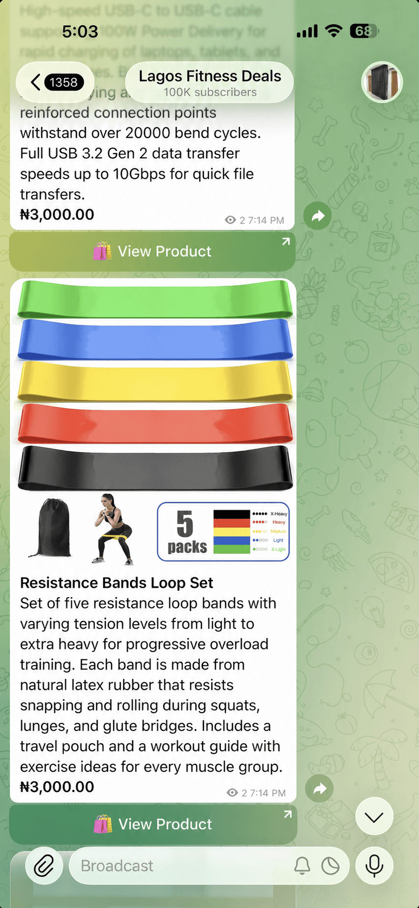 Lagos Fitness Deals Telegram channel with an automatically posted Resistance Bands Loop Set and View Product button