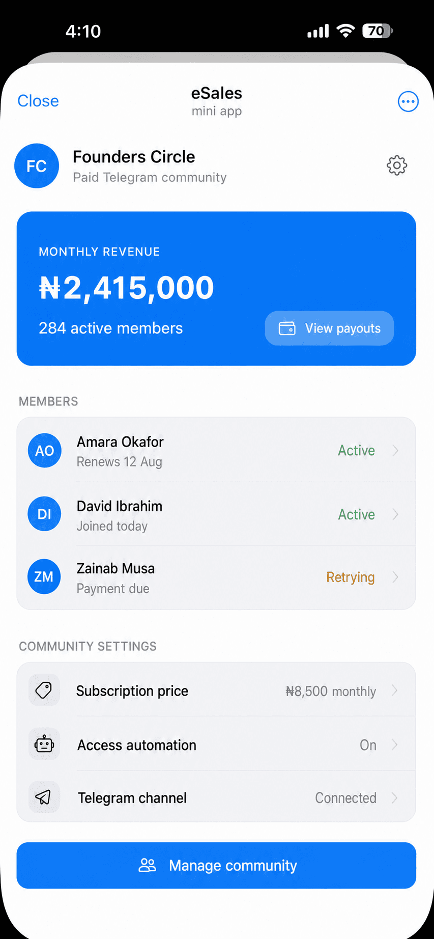 Founders Circle paid Telegram community subscription dashboard showing recurring revenue, active members, renewals, access automation, and community settings