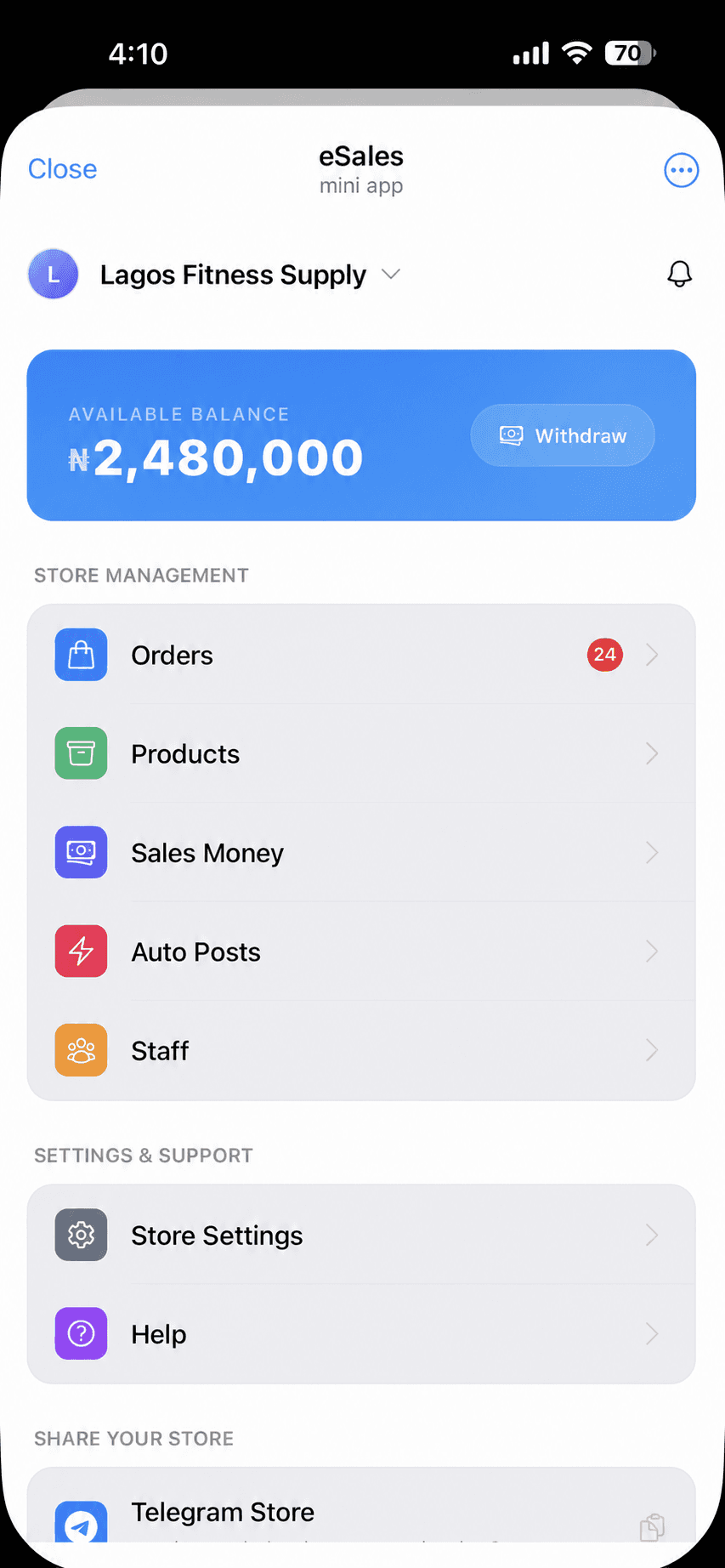 Lagos Fitness Supply merchant dashboard inside the eSales Telegram mini app