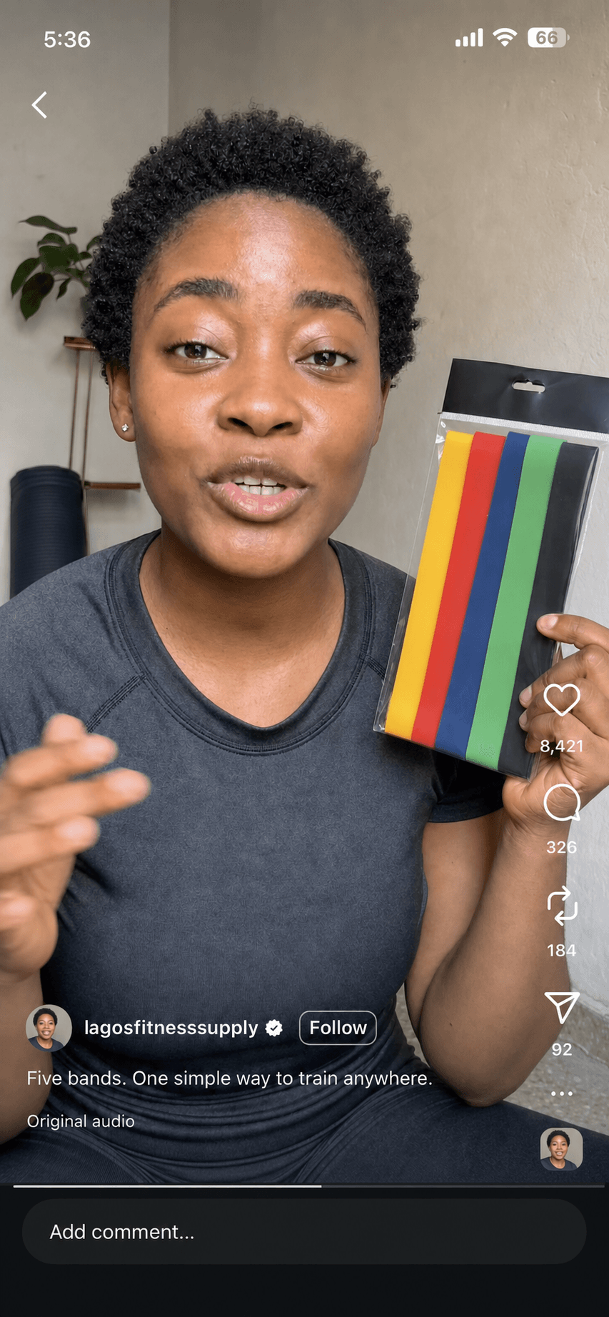 Instagram Reel showing a fictional Nigerian fitness creator presenting resistance bands